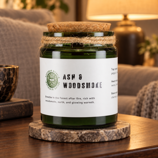 Greenman Sojawachskerze mit Holzdocht – Asche & Holzrauch in einer warm beleuchteten Wohnszene