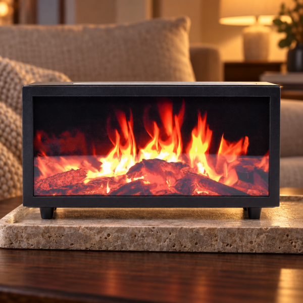 Aroma-Diffuser mit Vogelklang und Flammeneffekt – Schwarz in einer warm beleuchteten Wohnszene