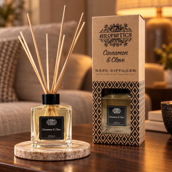 Stäbchendiffuser Zimt & Nelke – 200 ml in einer warm beleuchteten Wohnszene
