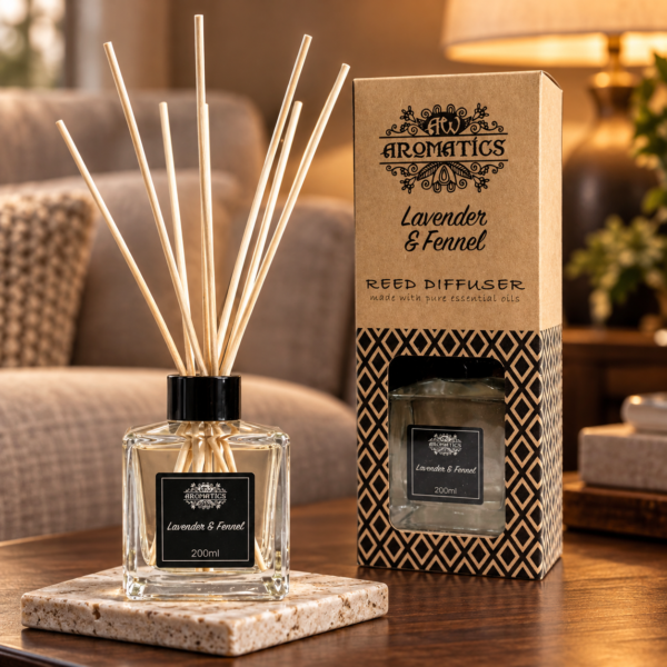 Stäbchendiffuser Lavendel & Fenchel – 200 ml in einer warm beleuchteten Wohnszene
