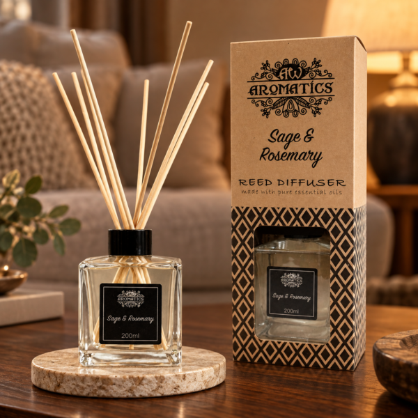 Stäbchendiffuser Salbei & Rosmarin – 200 ml in einer warm beleuchteten Wohnszene