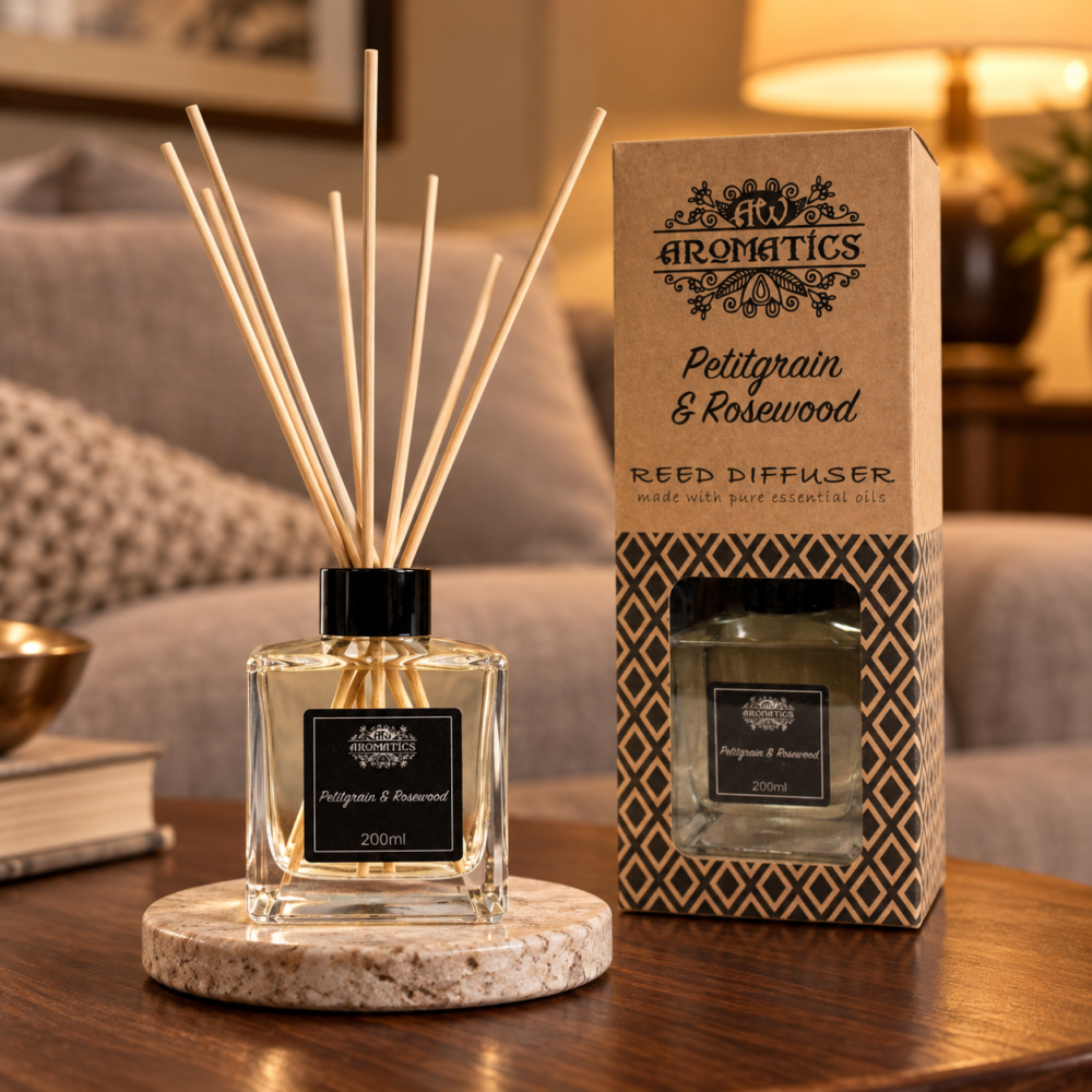 Stäbchendiffuser Petitgrain & Rosenholz – 200 ml in einer warm beleuchteten Wohnszene