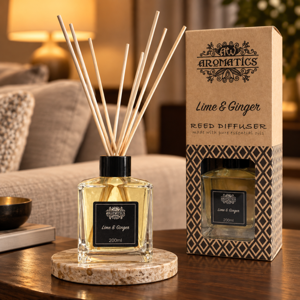 Stäbchendiffuser Limette & Ingwer – 200 ml in einer warm beleuchteten Wohnszene