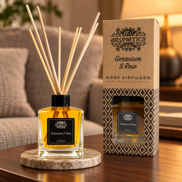 Stäbchendiffuser Geranie & Rose – 200 ml in einer warm beleuchteten Wohnszene