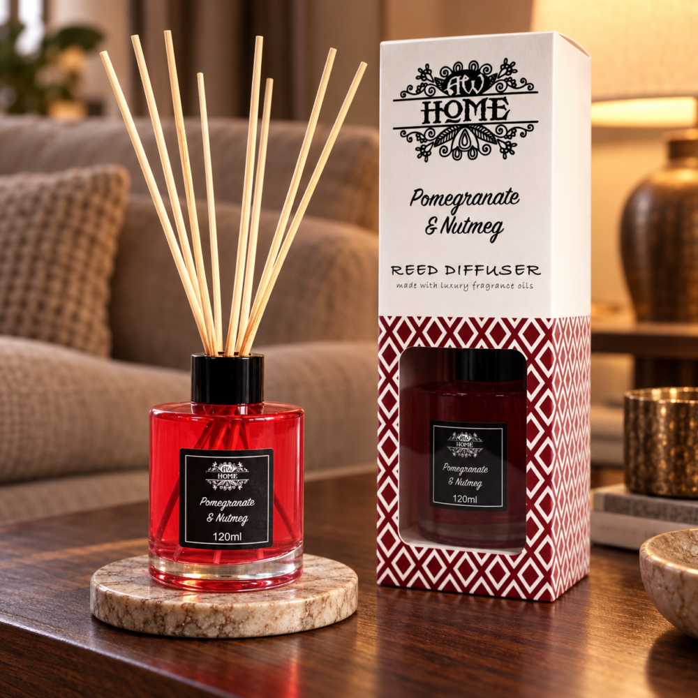 Stäbchendiffuser Granatapfel & Muskatnuss – 120 ml in einer warm beleuchteten Wohnszene