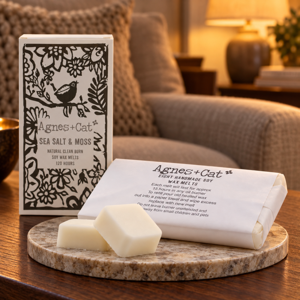 Wax Melts Meersalz & Moos – 8er-Box in einer warm beleuchteten Wohnszene