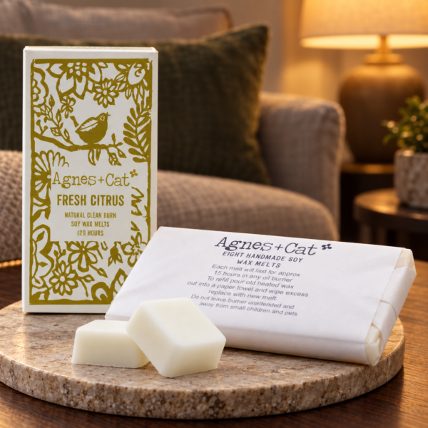 Wax Melts Zitrus – 8er-Box in einer warm beleuchteten Wohnszene