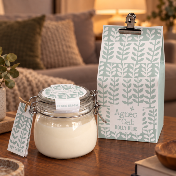 Sojawachskerze im großen Kilner-Glas – Dolly Blue in einer warm beleuchteten Wohnszene