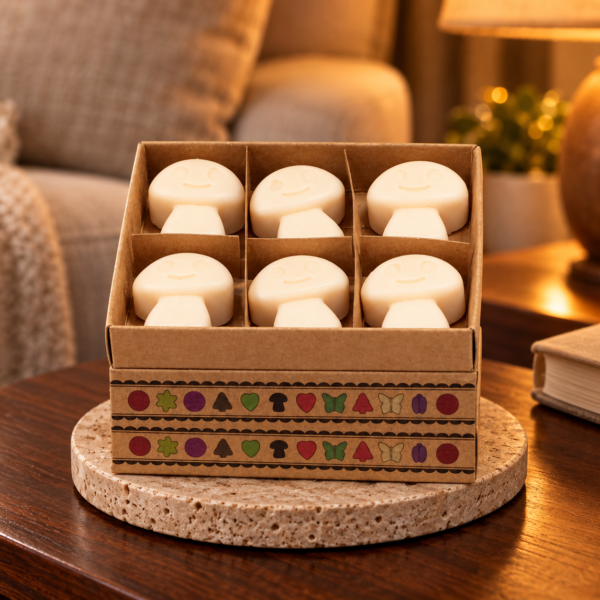 Wax Melts Vanille & Muskatnuss – 6er-Geschenkset in einer warm beleuchteten Wohnszene