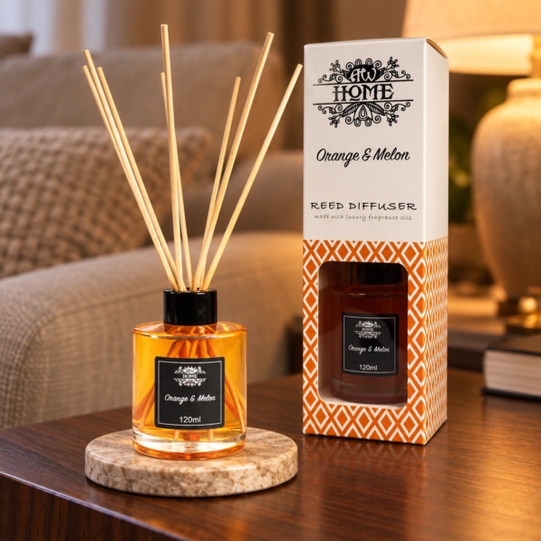 Stäbchendiffuser Orange & Melone – 120 ml in einer warm beleuchteten Wohnszene