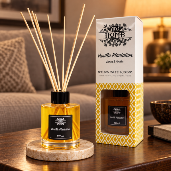 Stäbchendiffuser Vanilleplantage – 120 ml in einer warm beleuchteten Wohnszene