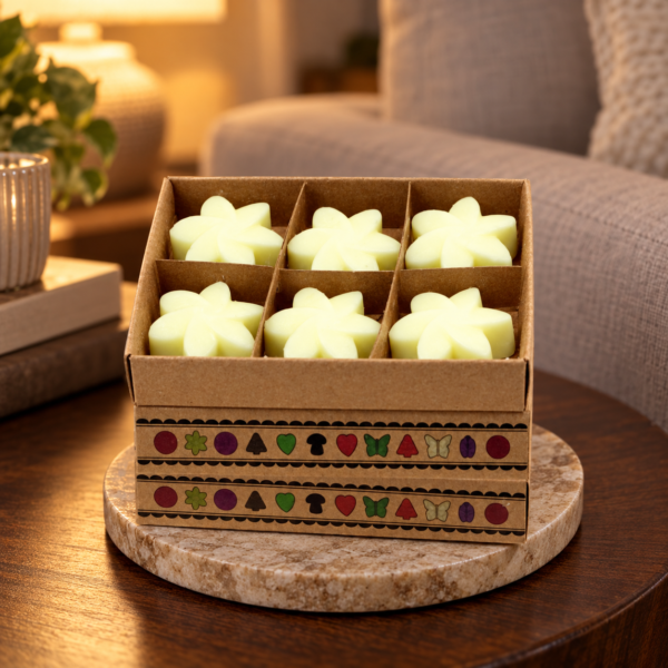 Wax Melts Zitronenernte – 6er-Geschenkset in einer warm beleuchteten Wohnszene