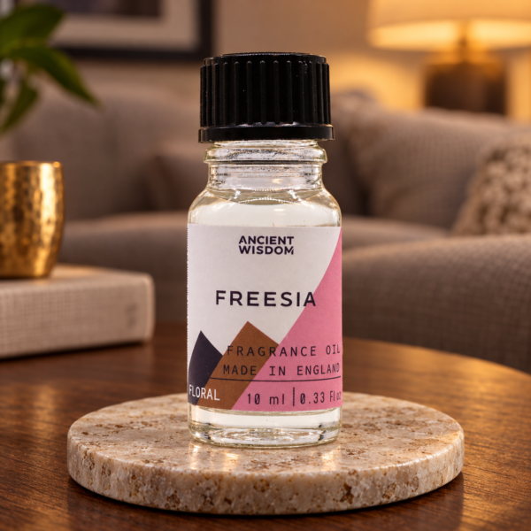 Duftöl Freesie – 10 ml in einer warm beleuchteten Wohnszene