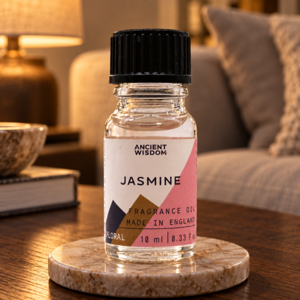 Duftöl Jasmin – 10 ml in einer warm beleuchteten Wohnszene