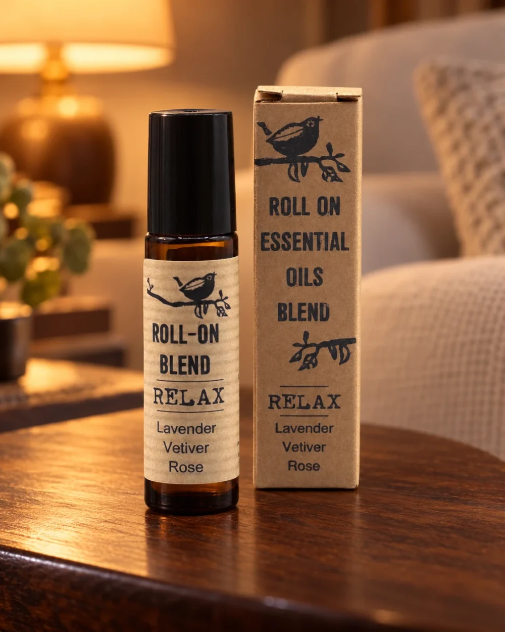 Duft-Roll-on Relax · 10 ml in einer warm beleuchteten Wohnszene auf dunklem Holz.