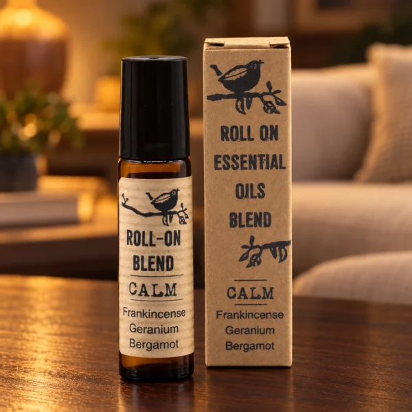 Duft-Roll-on Calm · 10 ml in einer warm beleuchteten Wohnszene auf dunklem Holz.