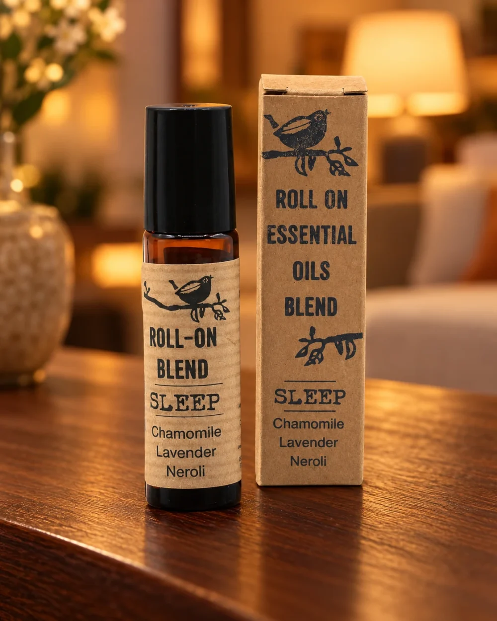 Duft-Roll-on Sleep · 10 ml in einer warm beleuchteten Wohnszene auf dunklem Holz.