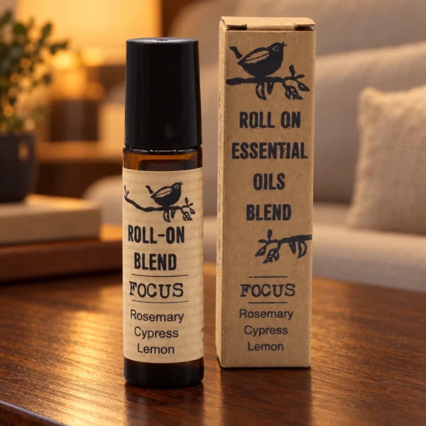 Duft-Roll-on Focus · 10 ml in einer warm beleuchteten Wohnszene auf dunklem Holz.
