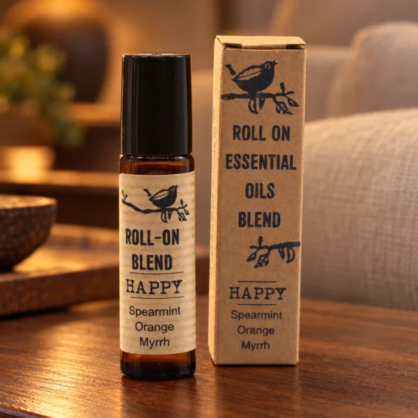 Duft-Roll-on Happy · 10 ml in einer warm beleuchteten Wohnszene auf dunklem Holz.