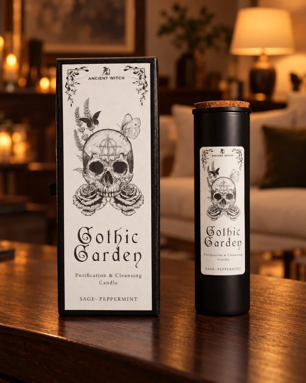 Schwarze Ancient-Witch-Kerze Gothic Garden mit Korkverschluss und passender Originalbox auf dunklem Holz.