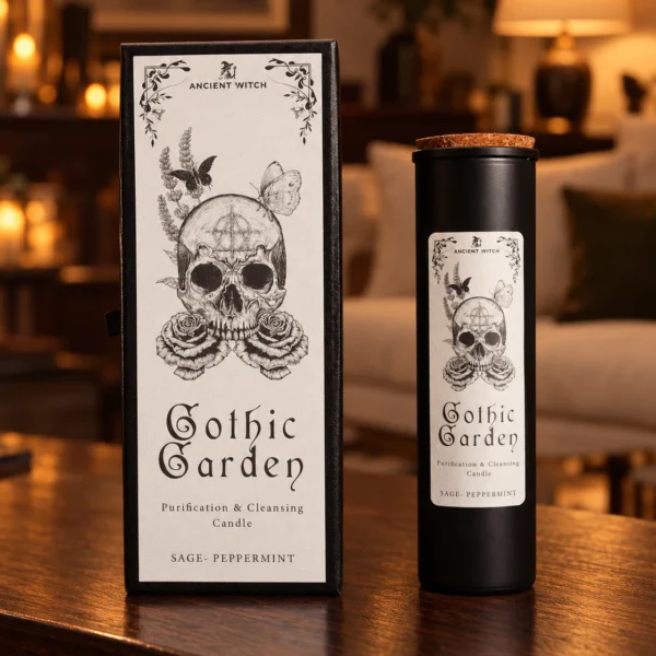 Schwarze Ancient-Witch-Kerze Gothic Garden mit Korkverschluss und passender Originalbox auf dunklem Holz.