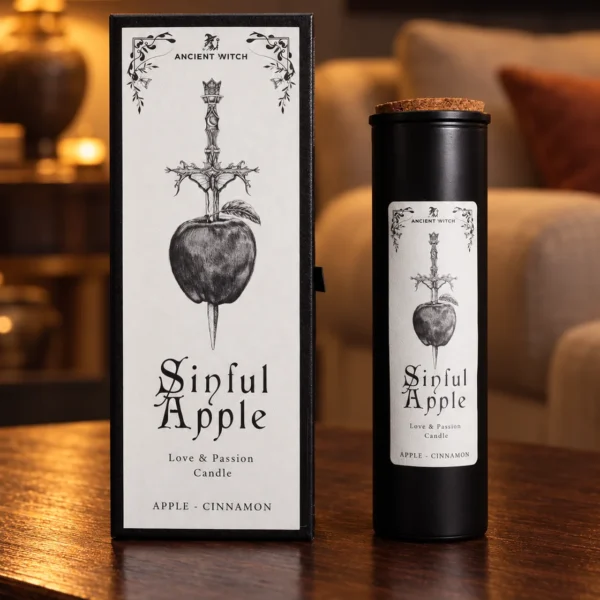 Ancient Witch Duftkerze Sinful Apple in einer warm beleuchteten Wohnszene auf dunklem Holz.