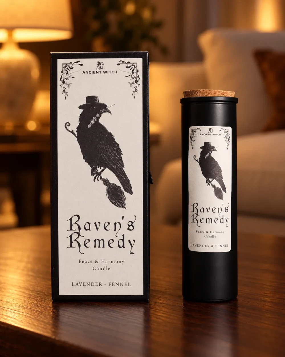 Ancient Witch Duftkerze Raven’s Remedy in einer warm beleuchteten Wohnszene auf dunklem Holz.
