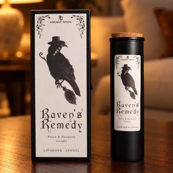 Ancient Witch Duftkerze Raven’s Remedy in einer warm beleuchteten Wohnszene auf dunklem Holz.