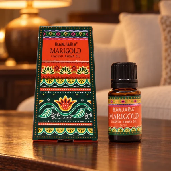Banjara Duftöl Marigold · 10 ml in einer warm beleuchteten Wohnszene auf dunklem Holz.