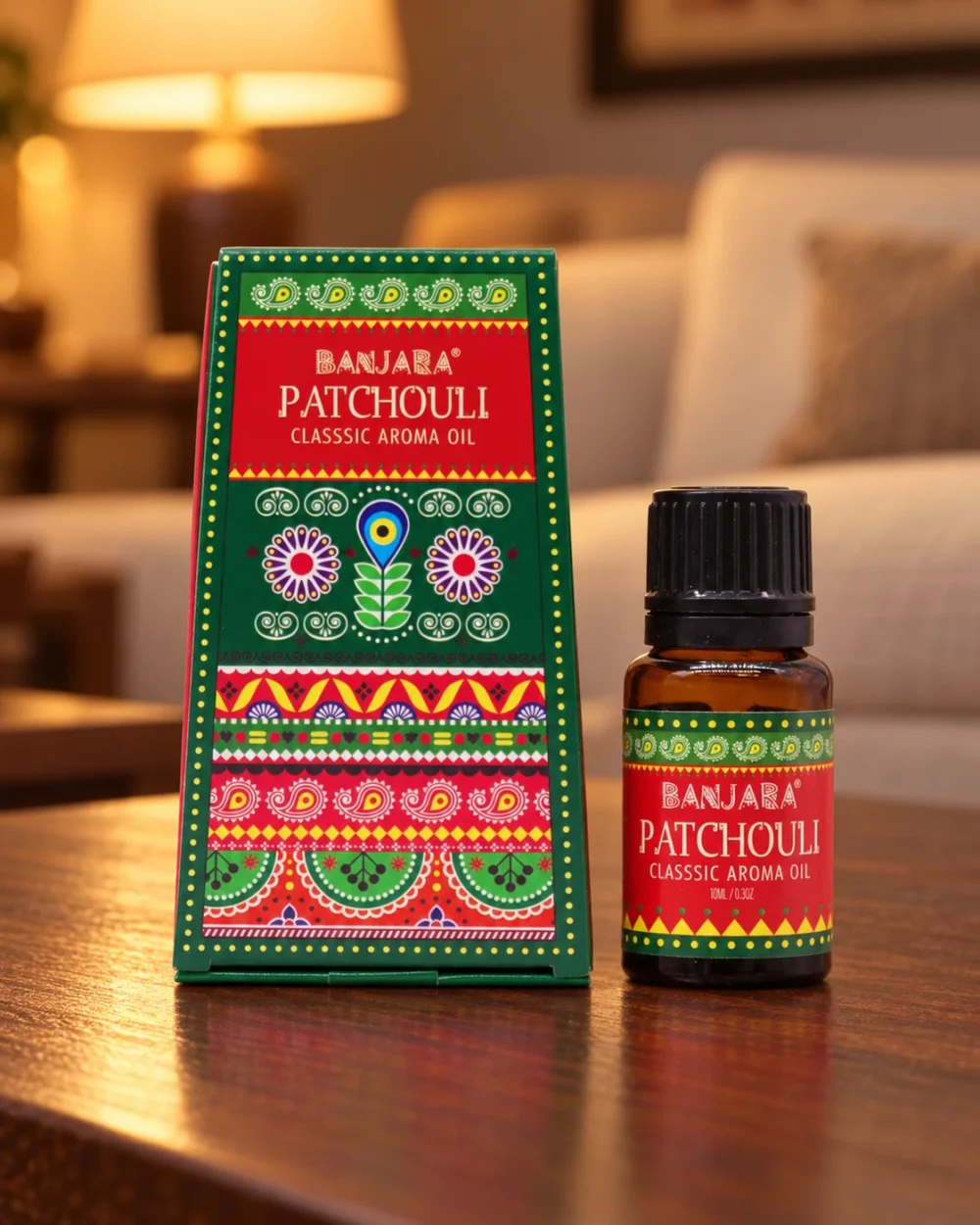 Banjara Duftöl Patchouli · 10 ml in einer warm beleuchteten Wohnszene auf dunklem Holz.