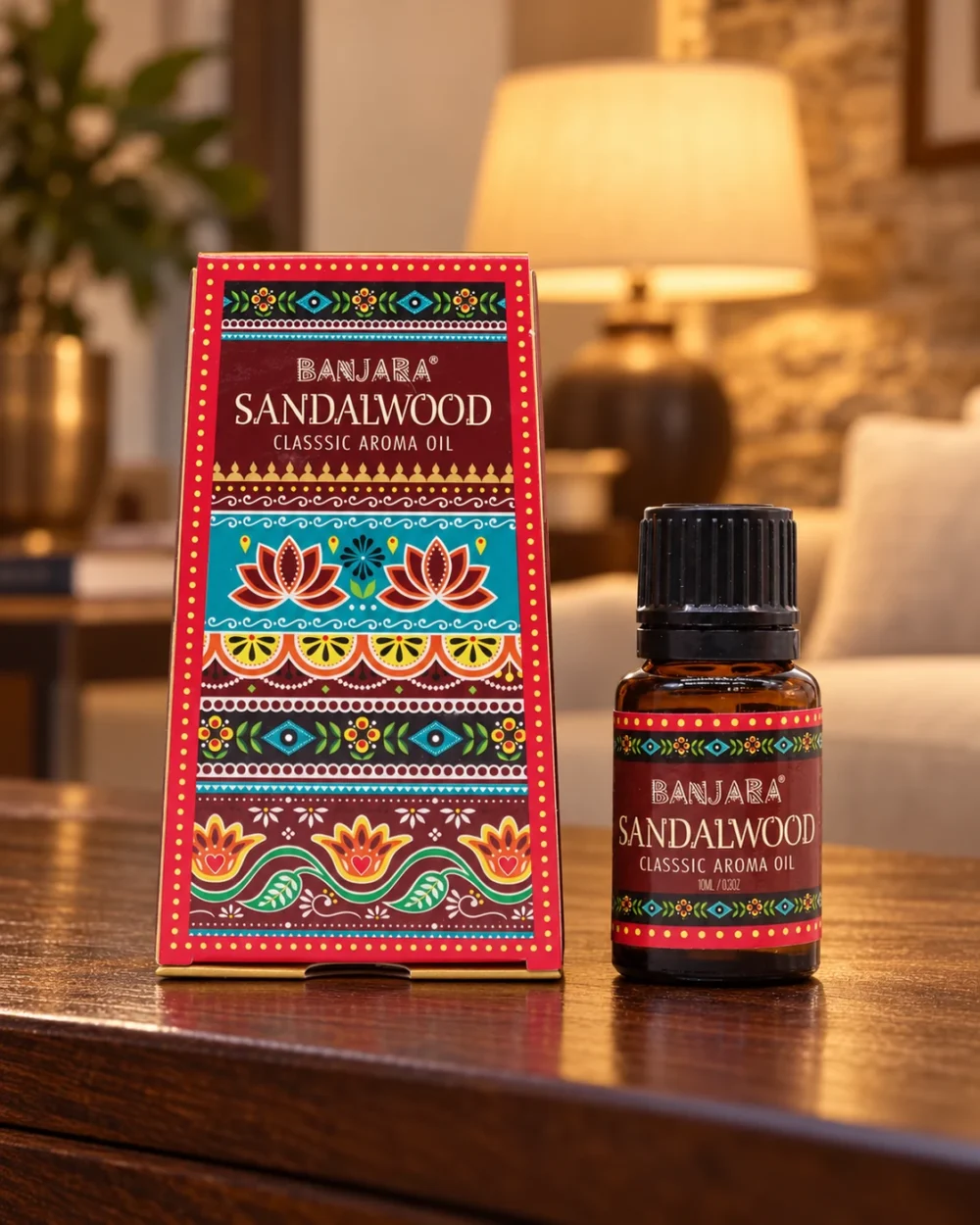 Banjara-Sandalwood-Verpackung und 10-ml-Flasche in einer warm beleuchteten Wohnszene.