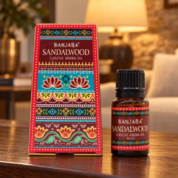 Banjara-Sandalwood-Verpackung und 10-ml-Flasche in einer warm beleuchteten Wohnszene.