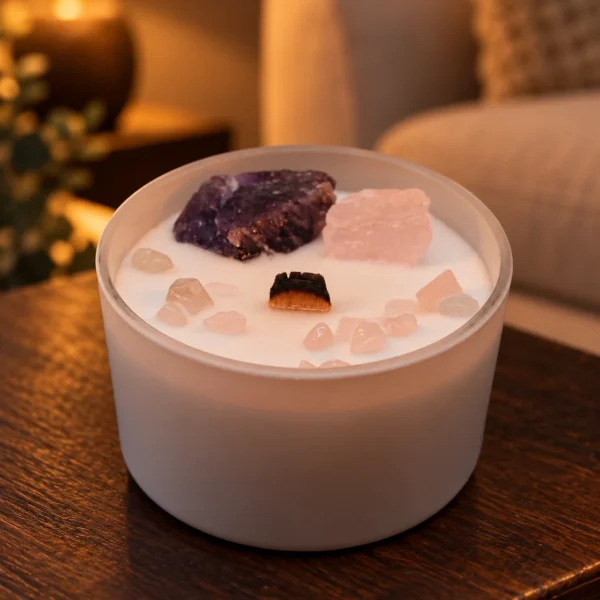 Chakra-Kristallkerze Stirnchakra in einer warm beleuchteten Wohnszene auf dunklem Holz.