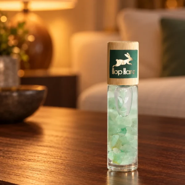 Hop Hare Edelstein-Roll-on The Magician · Aventurin in einer warm beleuchteten Wohnszene auf dunklem Holz.