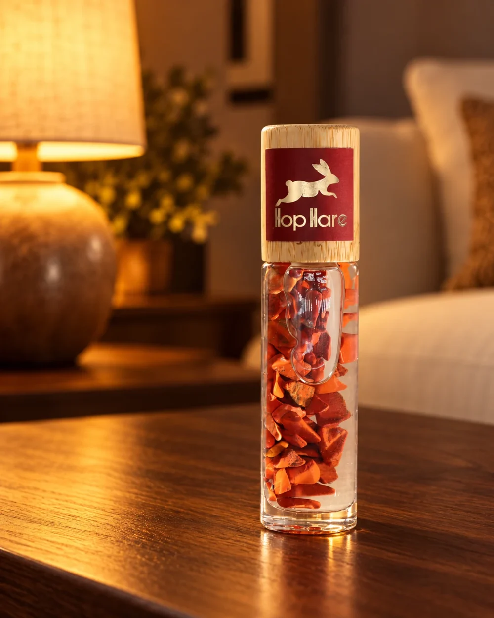 Hop Hare Edelstein-Roll-on The Devil · Roter Jaspis in einer warm beleuchteten Wohnszene auf dunklem Holz.
