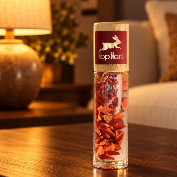 Hop Hare Edelstein-Roll-on The Devil · Roter Jaspis in einer warm beleuchteten Wohnszene auf dunklem Holz.