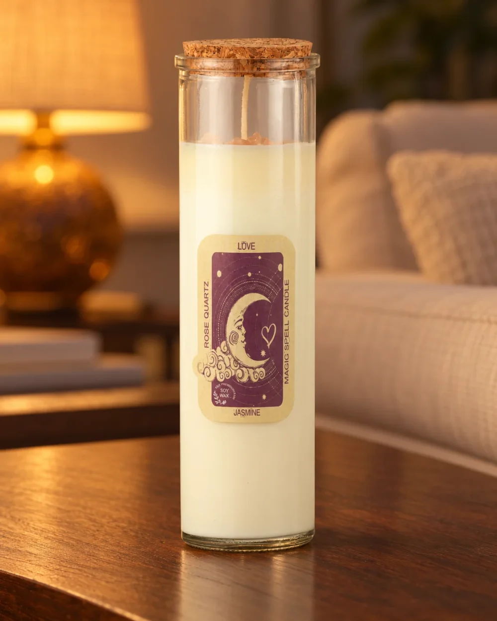 Kristall-Duftkerze Love · Jasmin in einer warm beleuchteten Wohnszene auf dunklem Holz.