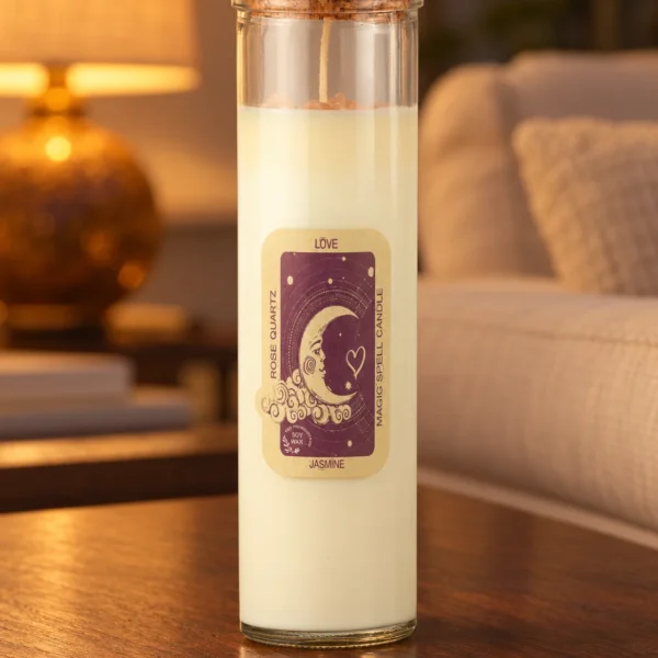 Kristall-Duftkerze Love · Jasmin in einer warm beleuchteten Wohnszene auf dunklem Holz.