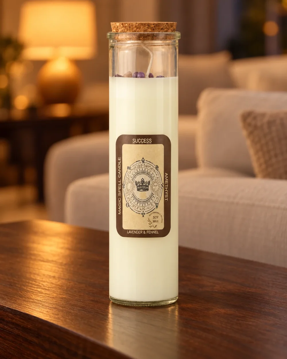 Kristall-Duftkerze Success · Lavendel & Fenchel in einer warm beleuchteten Wohnszene auf dunklem Holz.