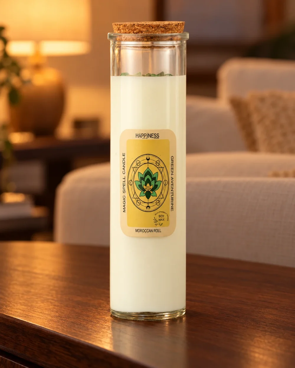 Kristall-Duftkerze Happiness · Moroccan Roll in einer warm beleuchteten Wohnszene auf dunklem Holz.