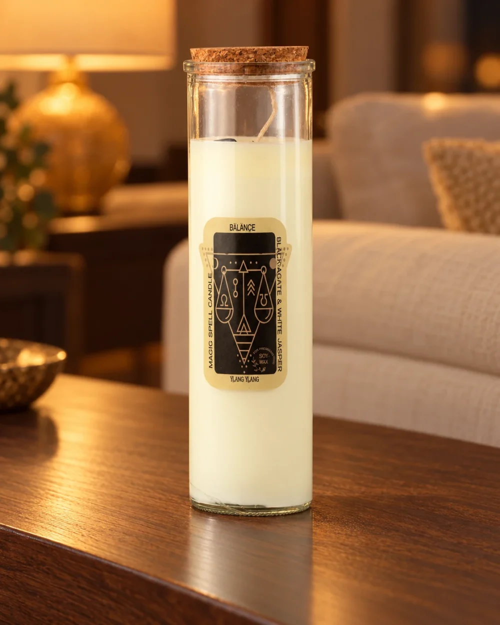 Kristall-Duftkerze Balance · Ylang-Ylang in einer warm beleuchteten Wohnszene auf dunklem Holz.