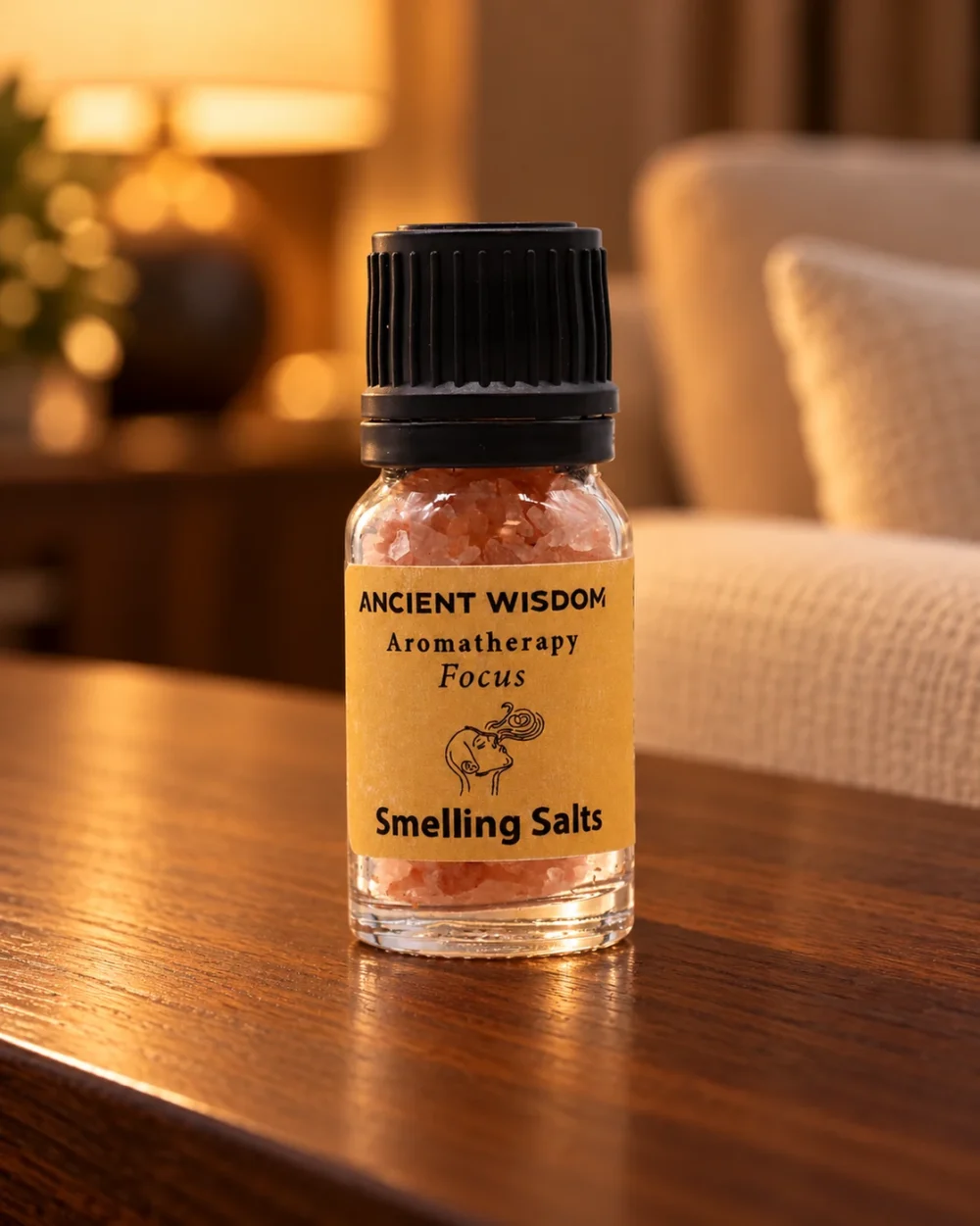 Himalaya-Aromasalz Focus in einer warm beleuchteten Wohnszene auf dunklem Holz.