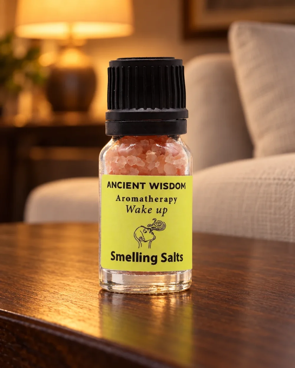 Himalaya-Aromasalz Wake Up in einer warm beleuchteten Wohnszene auf dunklem Holz.