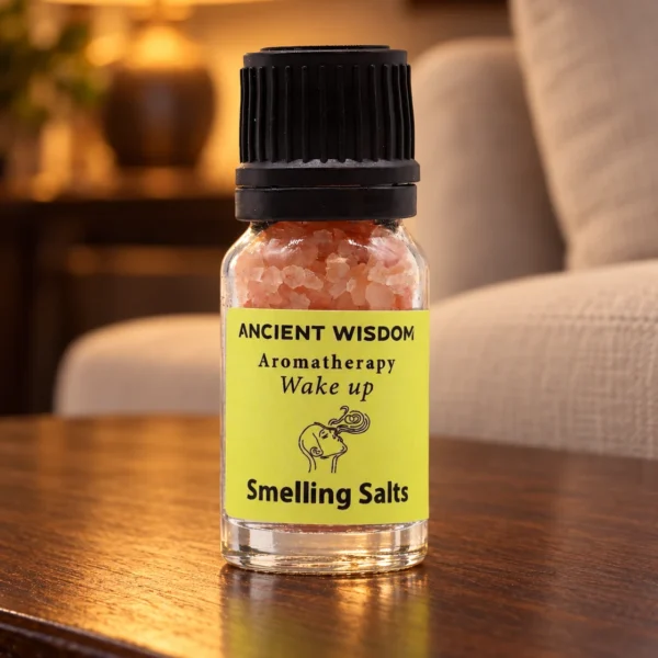 Himalaya-Aromasalz Wake Up in einer warm beleuchteten Wohnszene auf dunklem Holz.